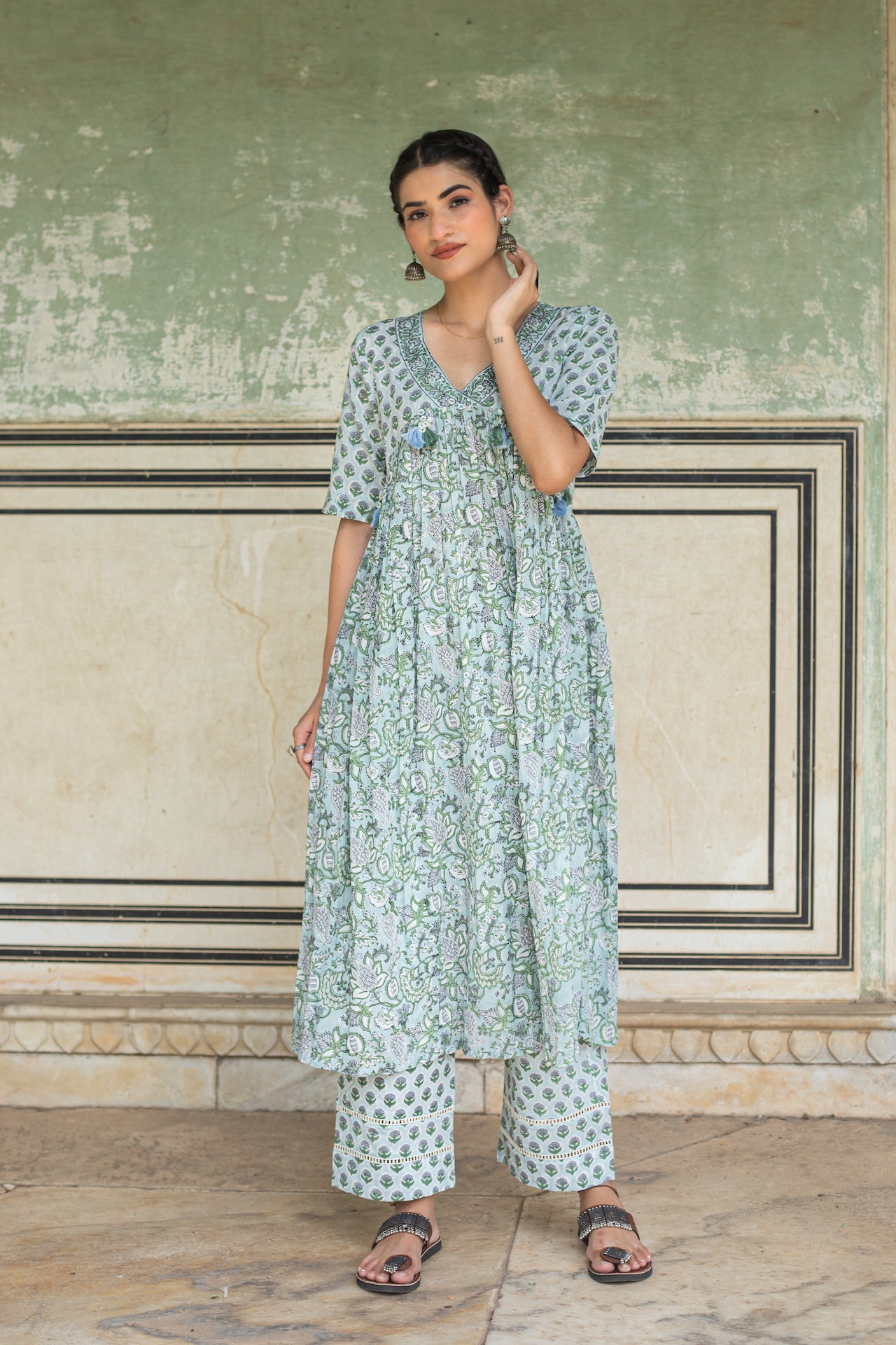 Pista Green Lucknowi Embroidered Rayon Palazzo Suit